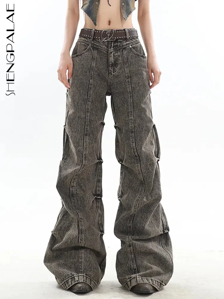 

SHENGPALAE Модные женские расклешенные джинсы винтажные потертые складки дизайн Лоскутные Джинсовые брюки осень 2023 новые женские брюки 5R6573