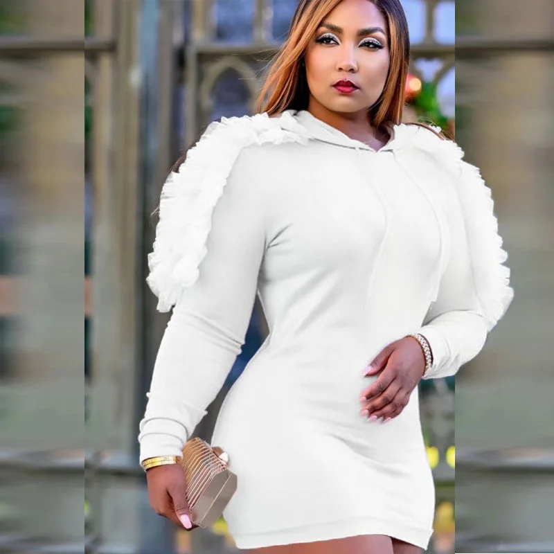 

Plus Size Women's Hoodies Dress 2022 New Mesh Patchwork Full Sleeves Straight Sweater Dresses Solid High Waist Thin Mini Dress