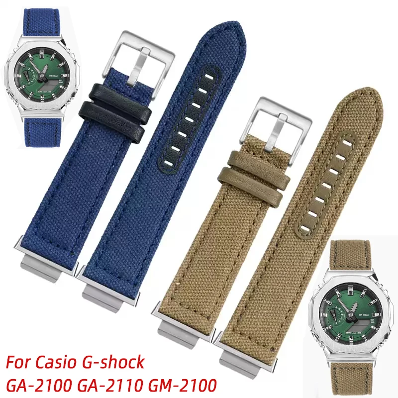 Фото Для Casio G-shock GA-2100 GA-2110 GM-2100 холст мужской зеленый ремешок для часов металлический ободок корпус GA2100 GA2110 модифицированный нейлоновый ремешок для часов №1