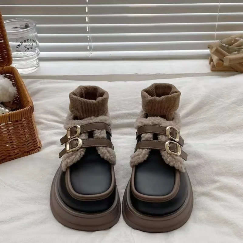 

Autumn/Winter Thick Sole Women's Loafers Warm Cotton Flat Shoes Plus Velvet Shallow Mouth Fashion Comfortable Single Shoes