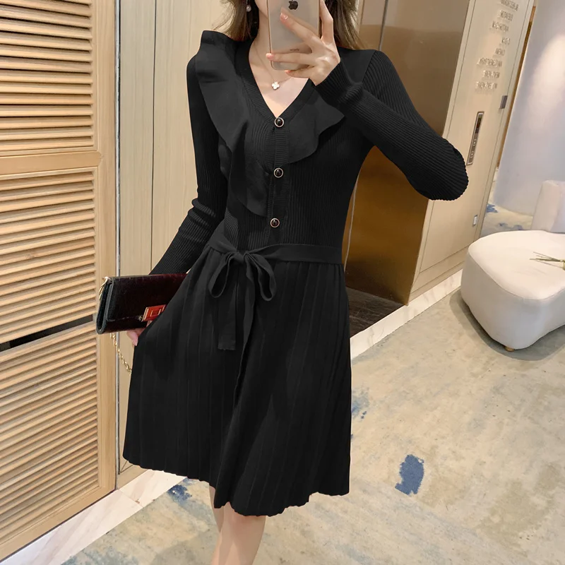 

Casual Black Sweater Dress Mini Short V-neck Long Sleeve Spring Winter Dress 2023 Slim Fit Ladies Knitted Fashion Tankidos