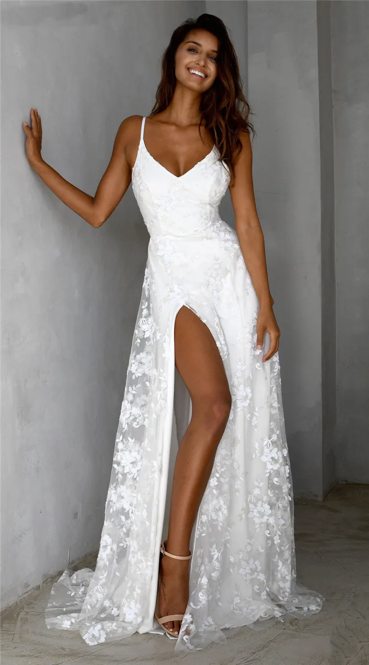 

2023 Women Lace Wedding Dress Sexy High Slit V-Neck Evening Dress Long Dress For Female Elegant Sleeveless Backless Wear