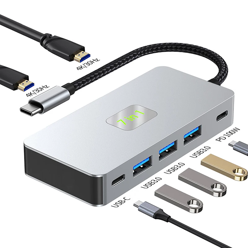Фото USB C-концентратор, 4K, переключатель управления, 3 монитора, преобразователь синхронного дисплея, 4 порта, USB-диск типа C, адаптер расширения PD 100 Вт, зарядная док-станция №1