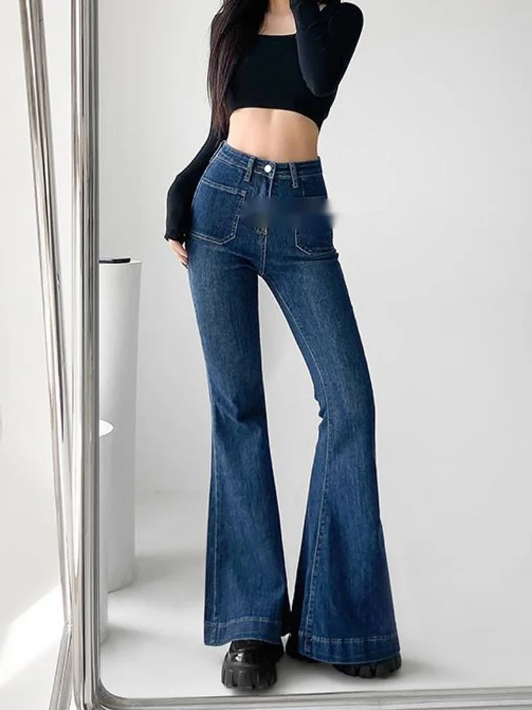 

Winter Autumn Hot Girl Blue Slim Flare Jeans High Waist Elastic Slim Floor Pants Female Korean Sexy W7UL