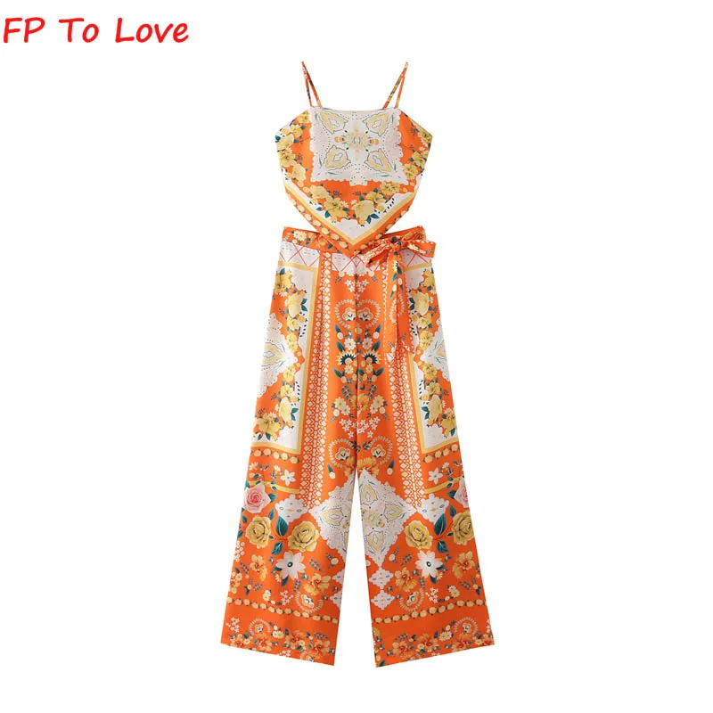 

FP TO LOVE Women's Summer Two Piece Cutout Backless Bow Print Camisole and Chic High Waist Wide Leg Pants