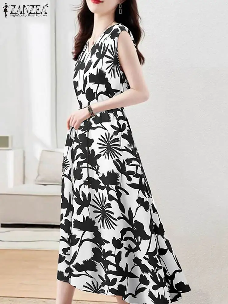 

2022 ZANZEA Elegant Printed Tank Dress Women Floral Sundress Sleeveless Midi Vestidos Female Casual V Neck Robe Femme Oversized