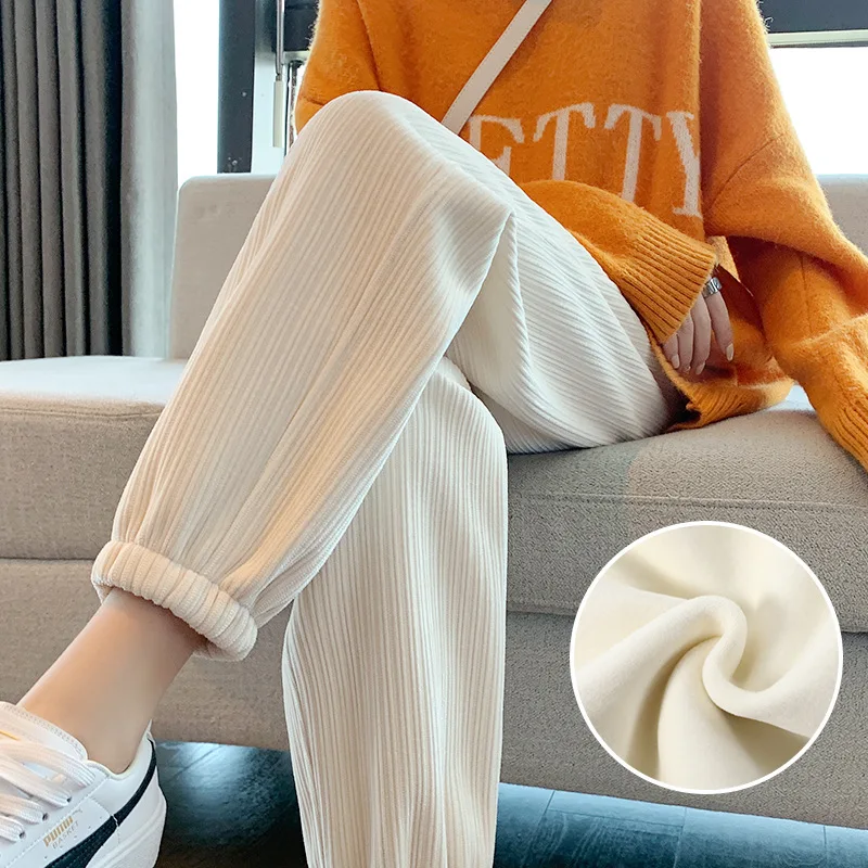 Women Spring and Winter Milk Chenille Wide-Leg Pants Elastic Loose Drape Straight-Leg Pants Light Striped Boutique Casual Pants