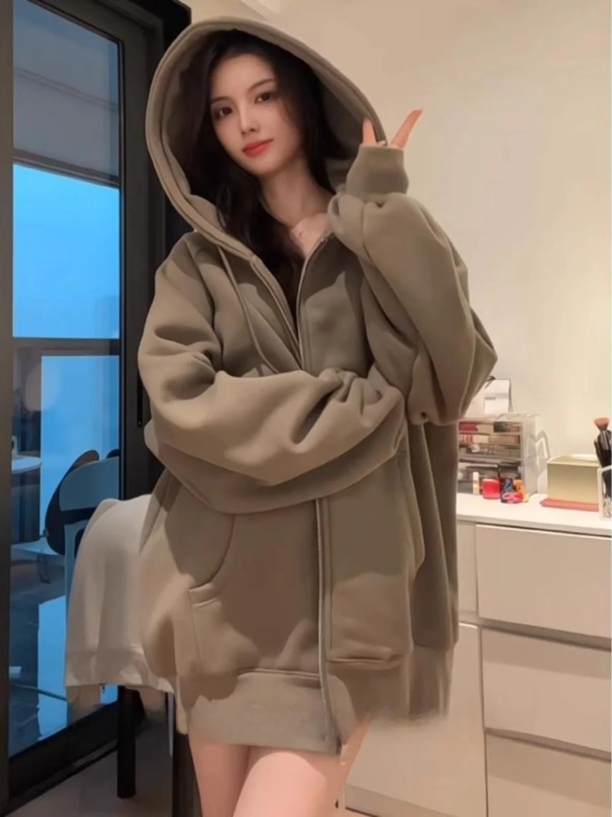 Серая толстовка с капюшоном верхняя одежда женская осенняя корейская серия