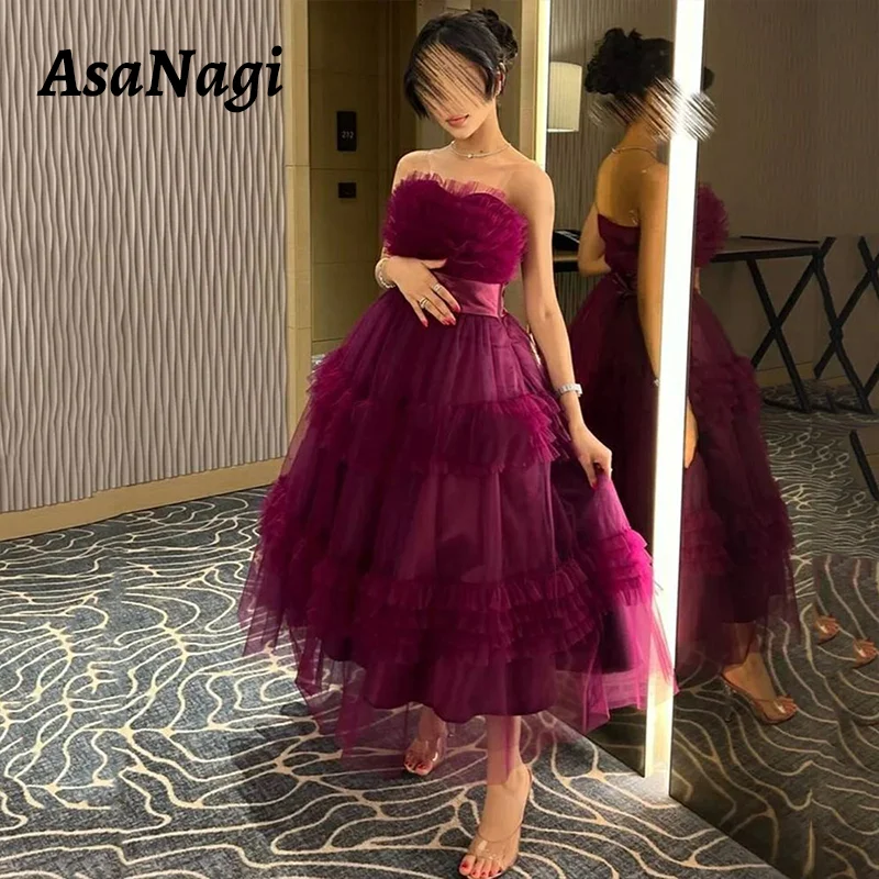 

AsaNagi Dark Purple Prom Dress Women's Tulle Strapless Party Evening Gown A Line Tiered Formal Occasion Gowns vestidos de noche