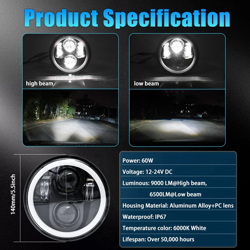 Фара 5-3/4 дюйма с белым ореолом для Sportster Iron 883 Dyna Street Bob