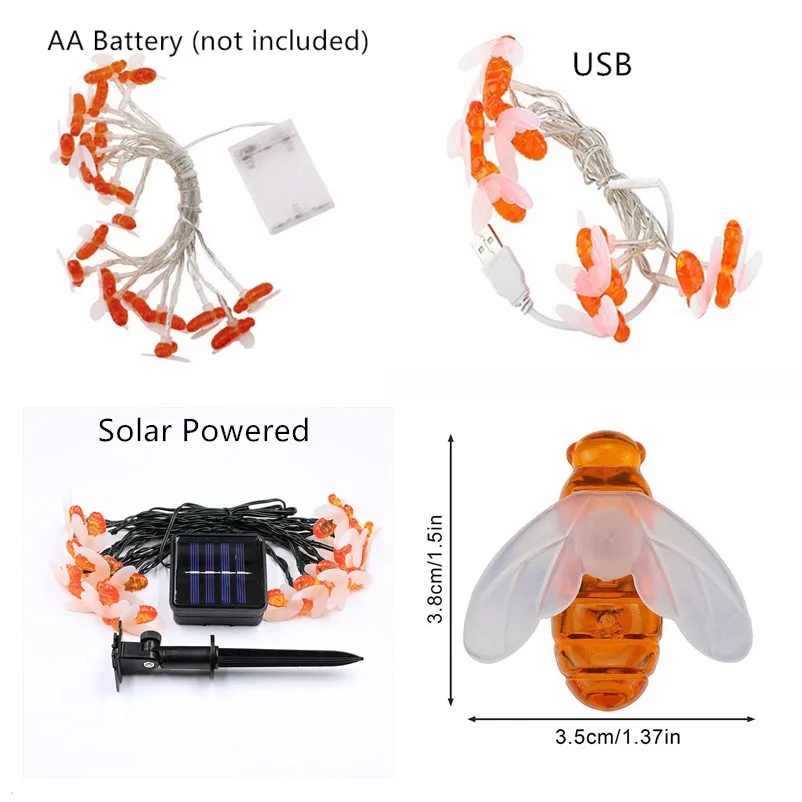 Рождественская гирлянда с пчелами уличный шнурок на солнечной батарее уличное