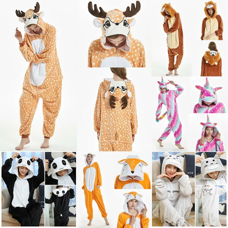 

Lion Tiger Deer Fox Unicorn Onesie Kigurumi Adults Animal Stitch Pajamas Women Sleepwear One-piece Winter Kids Jumpsuit Costumes