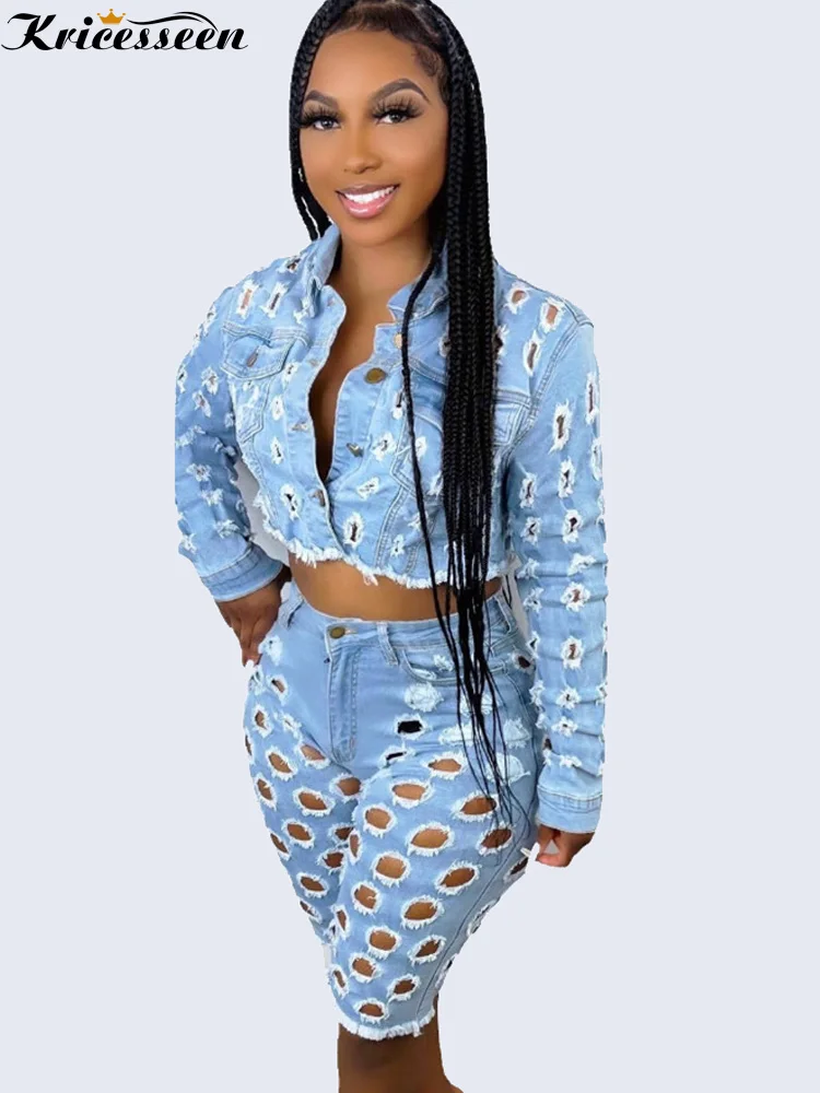 

Kricesseen Sexy Blue Destruction Hole Shorts Set Women Long Sleeve Buttons Jacket And Shorts Suit Clubwear Outfits