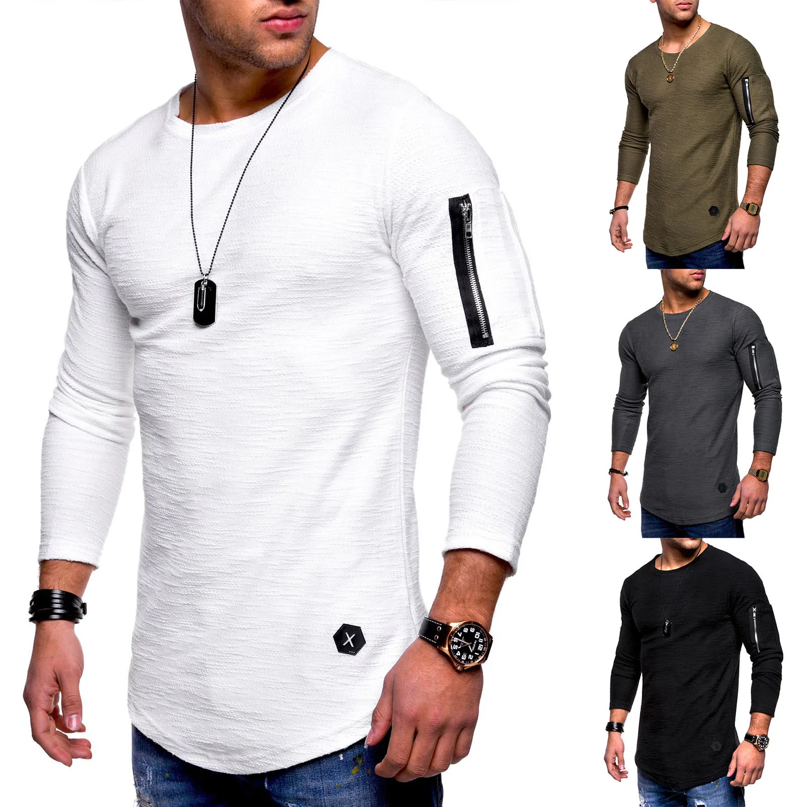 

Men Long Sleeve Slim T-shirt Autumn White Round Neck Men Long-sleeved T-shirt Arm Zipper Personality Casual Bottoming T-shirt