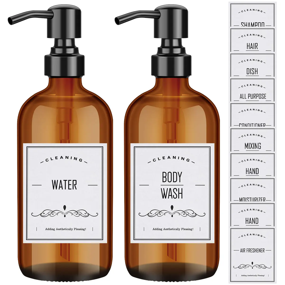 

2Pcs Soap Dispenser Kit 16OZ Thick Amber Glass Soap Dispenser Hand Soap Bottles with Stainless Steel Pump and 12 Labels Reuseble