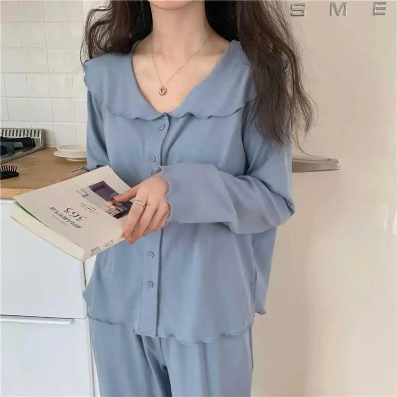 Women's Pajamas Pyjama Pour Femme Solid Color Navy Collar Pijamas Simple Style Home Wear Roomware Summer Night Home Suit