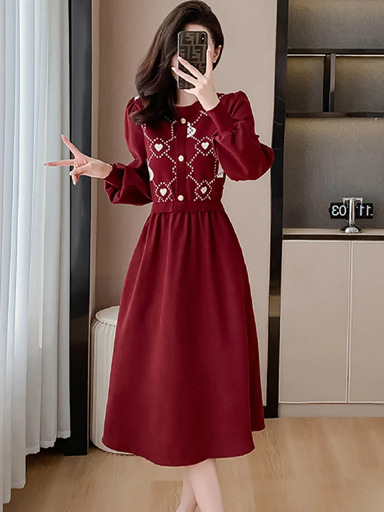 

2023 красное элегантное и красивое женское платье осень-зима вязаное теплое платье-свитер с принтом корейский стиль элегантный женский халат