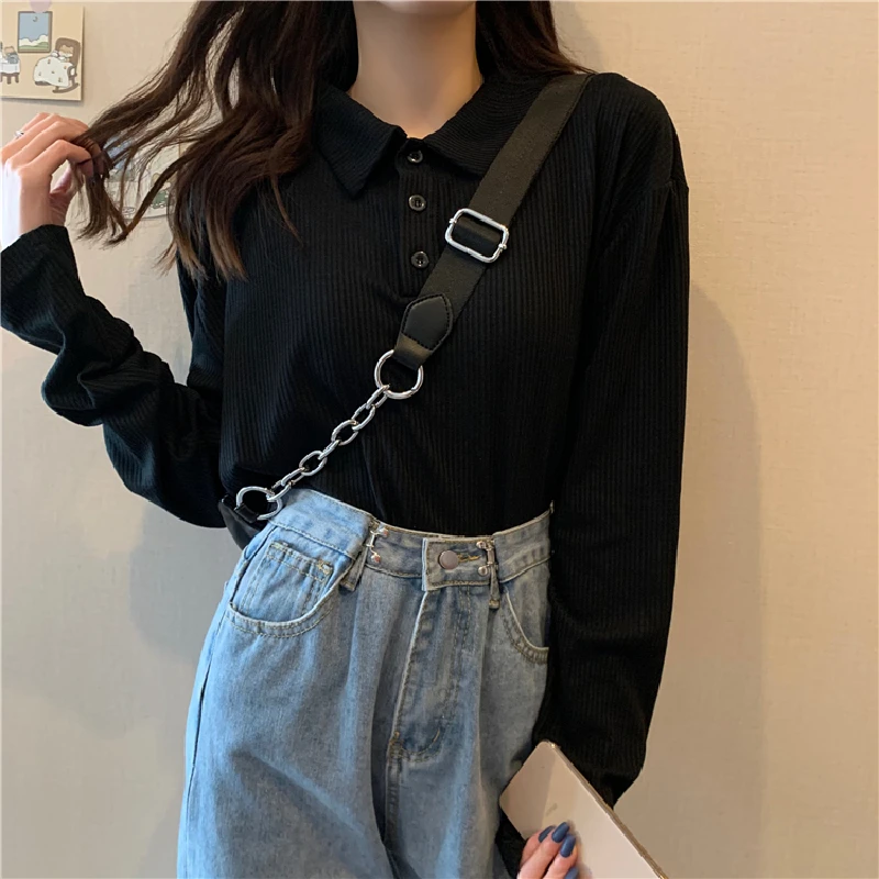 

Black POLO Collar Winter Women's Clothing Sweater Korean Fashion Leisure Slim Fit Wild Vintage Knitting Pullover Bottoming Tops