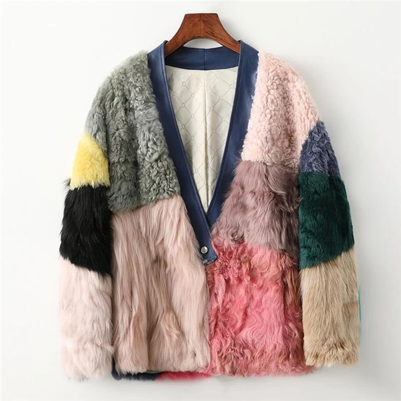 FANIECES 100% Real Lamb Fur Coat Women Winter Jacket Warm Streetwear Contrast V-Neck Fur Coat Natural Fox Fur Collar Overcoat