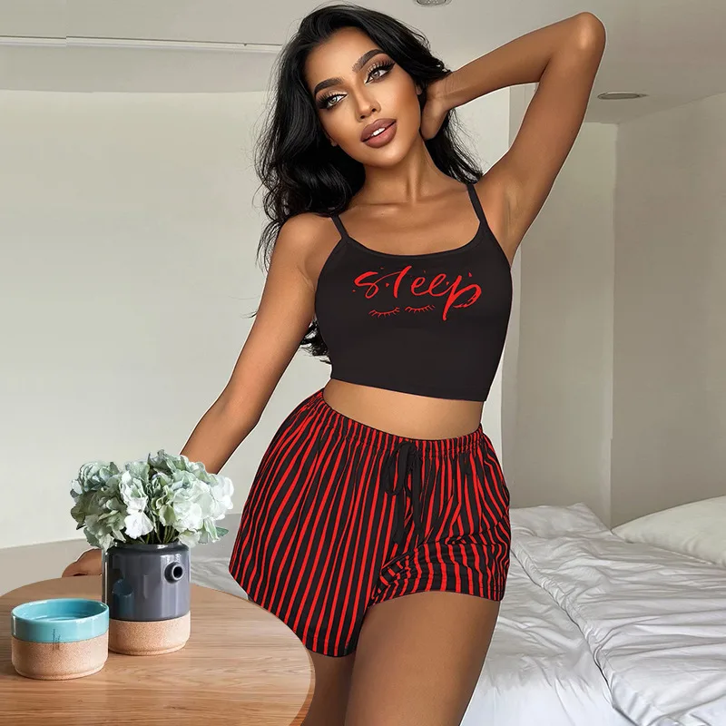 

Sleeveless Pajamas for Women Summer Sleepwear Letter Top and Striped Shorts Two Piece Pajamas Set Korean Homewear Night Wear