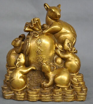 

Медные поделки, латунное украшение из тонкой латуни, 5 дюймов, Китай, Знак зодиака, пять крыс, мышь, монета, мешок, бронзовая статуя, слова, мед...