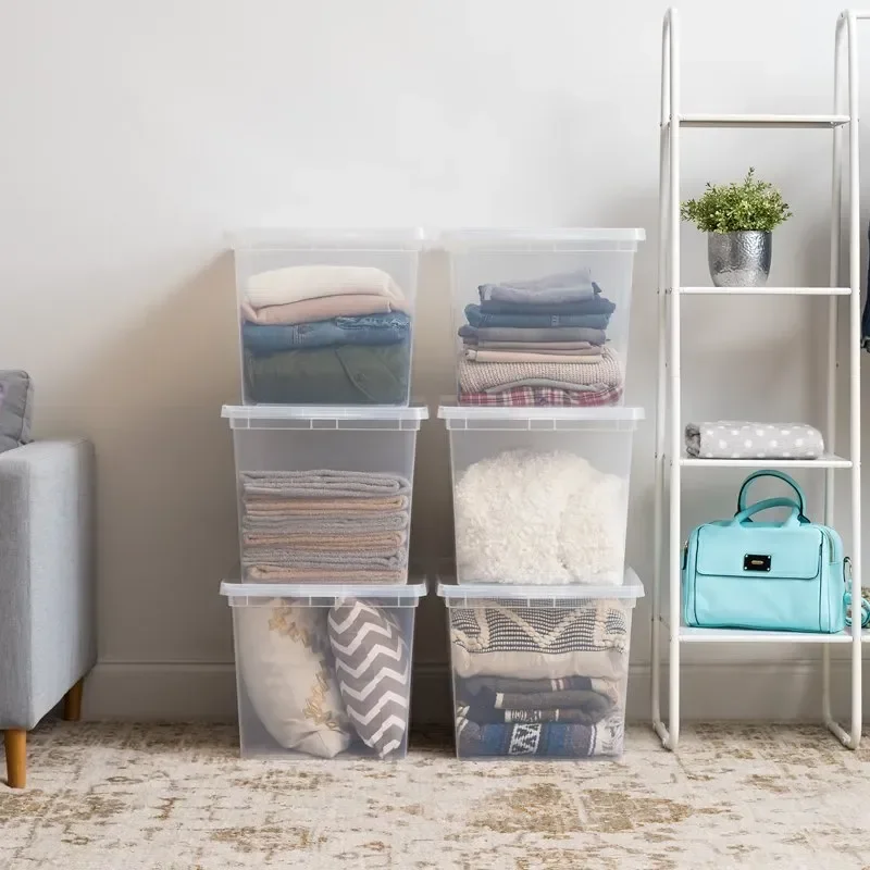 

Fast Shipping 68 Quart Jumbo Stackable Plastic Closet Storage Organizer Box, Clear, Set of 6