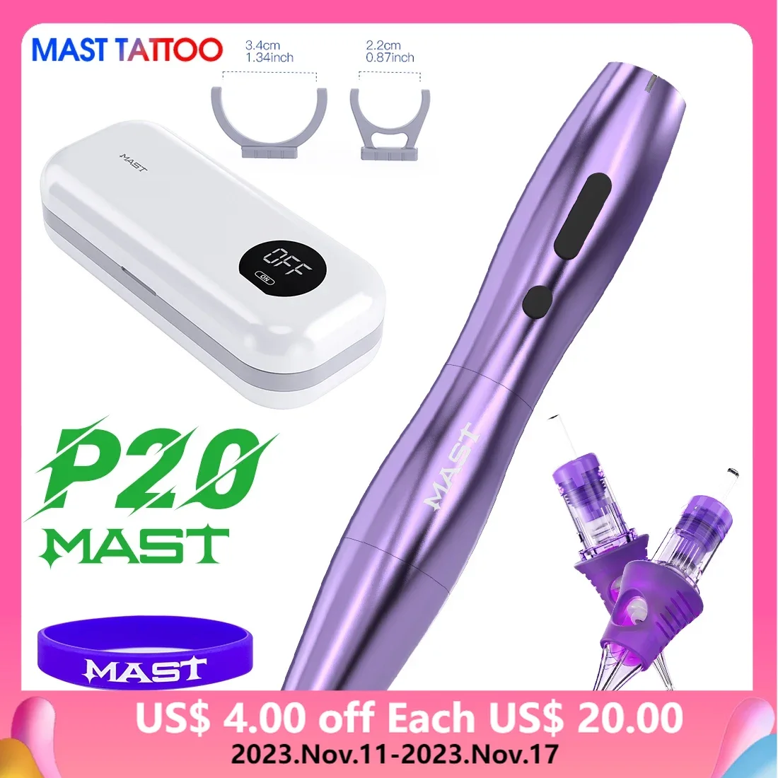 

Беспроводной блок для стерилизации татуировочной машинки Mast P20, ультрафиолетовая бактерицидная шкала 99.99%, набор игл для картриджей Pro