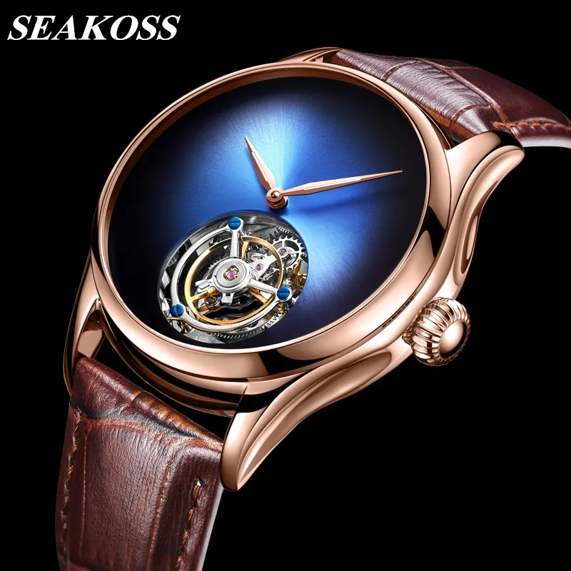 

SEAKOSS Tourbillon Watches Sapphire Crystal Dial Original Hollow Movement Mechanical Men's Wristwatches Leather Waterproof Clock