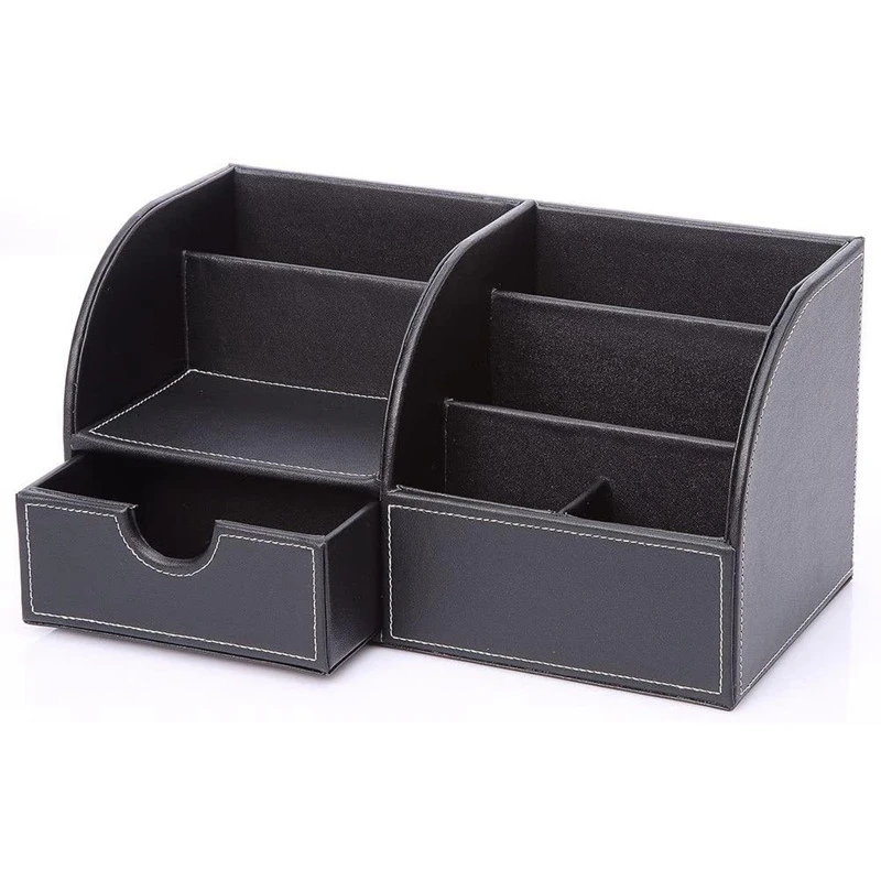 

PU Leather Multifunctional Desk Organizer Storage Box - Business Card/Pen/Phone/Stationery Holder (Full PU Black )