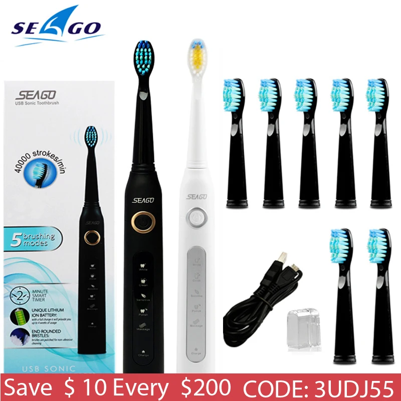 Seago Sonic Electric Toothbrush Washable Electronic Teeth Brush SG-507 USB Rechargeable Tooth Brush IPX7 Replacement brush head