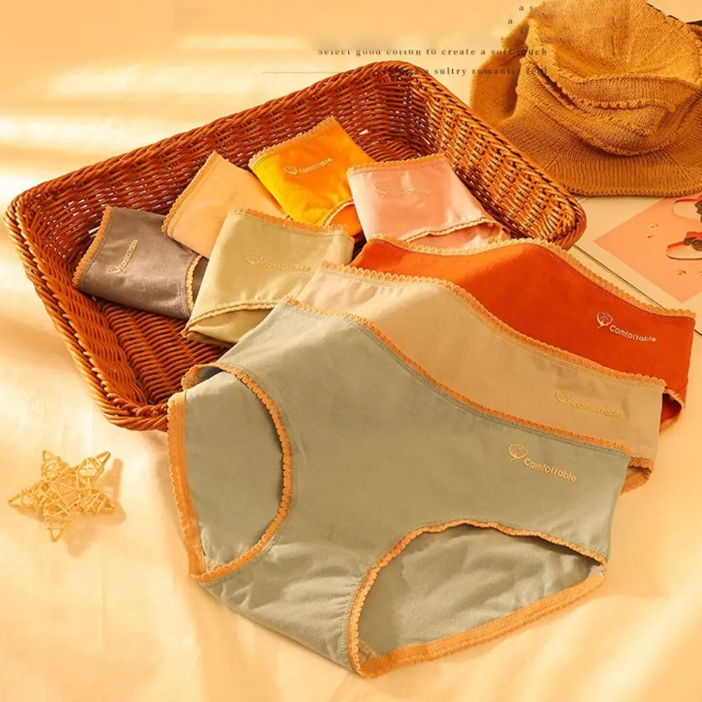 

Retro Breathable Lingeries For Girls Solid Color Mid Waist Plus Size Briefs Korean Underwear Cotton Women Panties