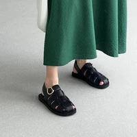 summer 2022 shoes women genuine leather gladiator sandals round toe flats buckle ladies footwear 2022 summer black