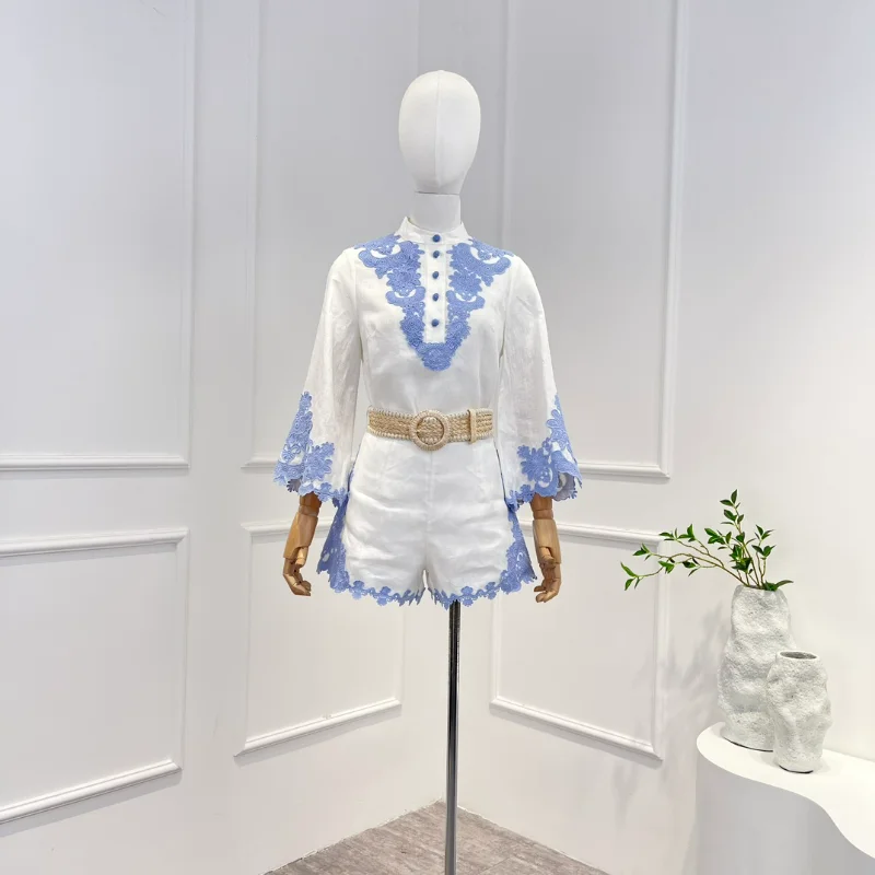 

2023 New Linen High Quality Spring Summer Vintage Buttons Blue Lace Patchwork Long Sleeve Blouse and Shorts Woman Set