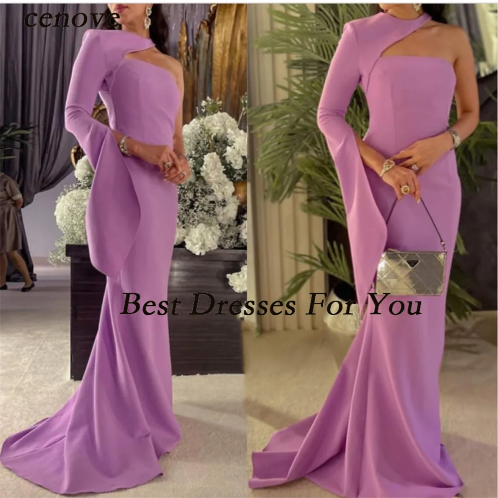 

Cenove Long Crepe Mermaid Evening Dresses With Sleeve فساتين السهرة Sheath Sweep Train Prom Dress Robe de soirée for Women