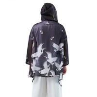 chinese style retro chiffon mid length sun protection clothing men crane gown hooded jacket summer thin casual