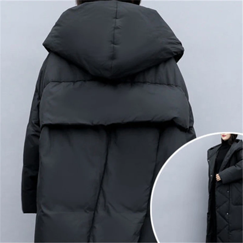 black Parkas X-long Large Coat Korean Style Loose Over Knee Women's Padded Jacket Women Thicken Parka Down Jackets Cotton Coats
