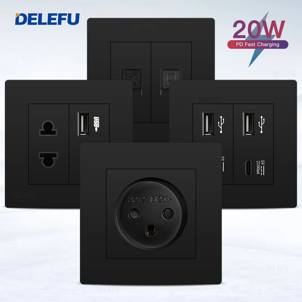 Огнестойкая ПК-панель DELEFU 86 мм черная Израиль стандартная USB-розетка типа C