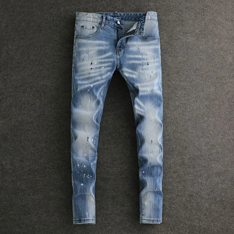 Уличная мода Мужские джинсы Ретро Светло-голубые эластичные облегающие рваные