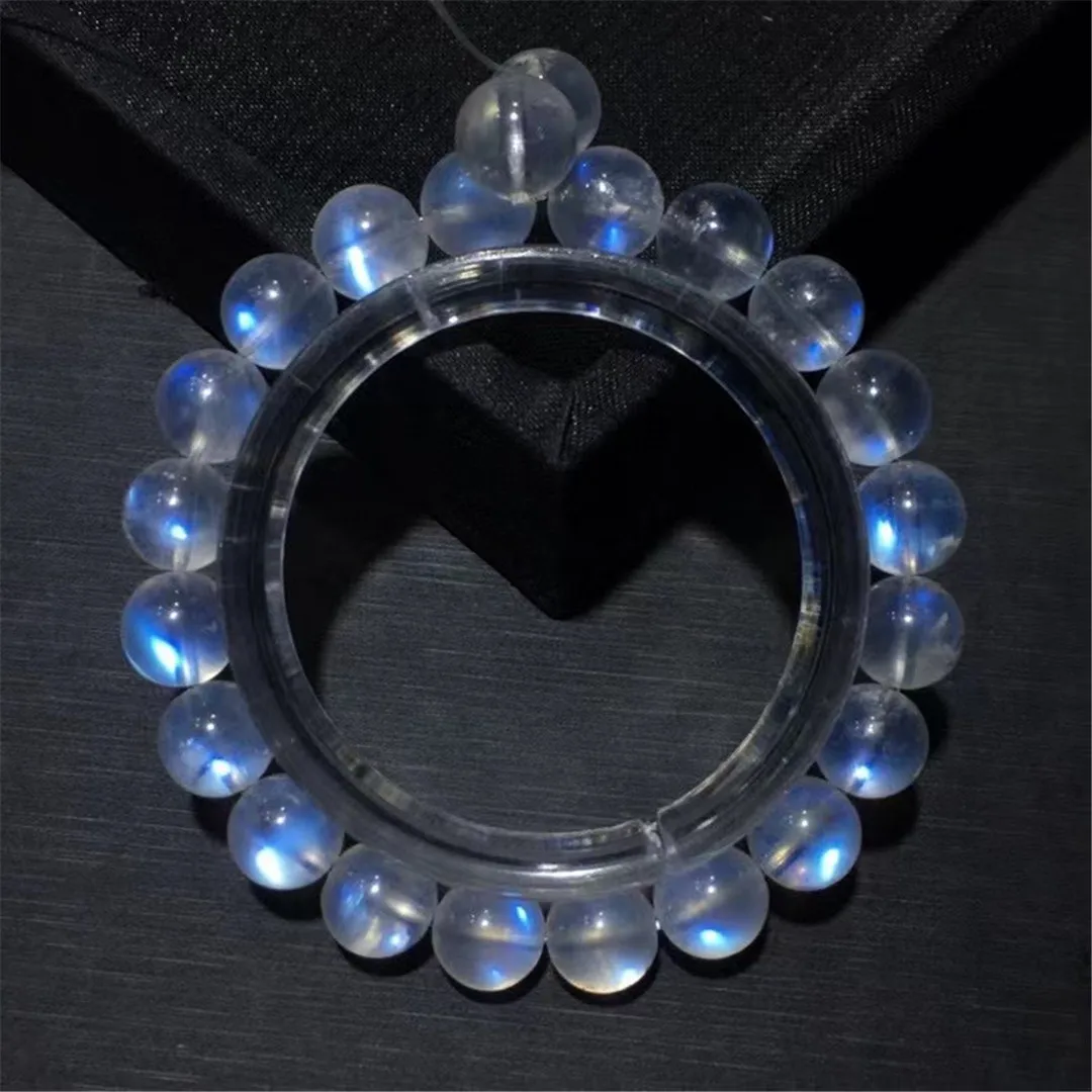 

Браслет из натурального лунного камня диаметром 9 мм для женщин, женщин, мужчин, подарок с любовью, бусины с кристаллами, синий свет, фотоэлем...