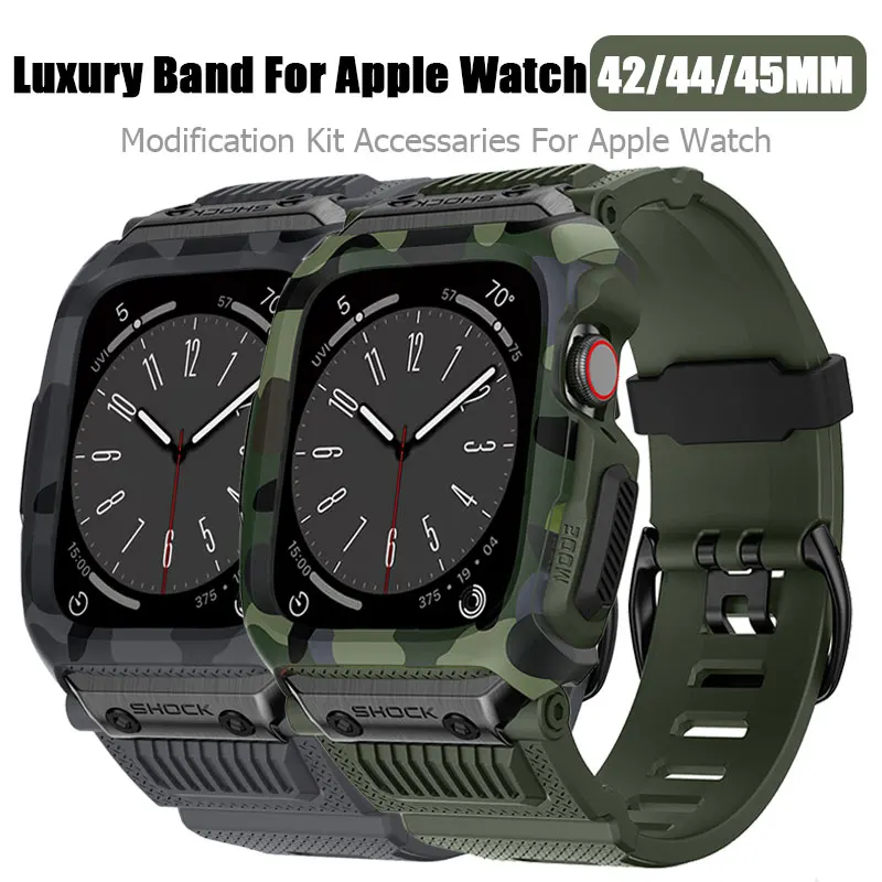 Luxury Modification Case Band For Apple Watch series 8 7 6 5 4 3 2 SE Rugged Case Silicone Sport strap for iwatch 45mm 44mm 42mm