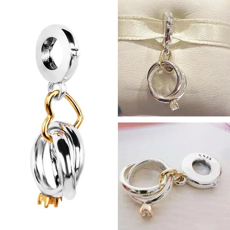 

New 14k Gold Two Tone 925 Sterling Silver Bead Wedding Rings Dangle Charm Fit Original Pandora Bracelet Women DIY Jewelry Gift