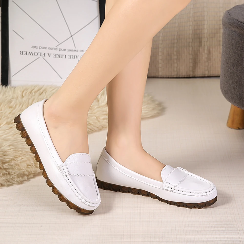Women Genuine Leather Flats Spring Summer Breathable Comfortable Casual Shoes Femme Loafers Ballet Flat Shoes nurse