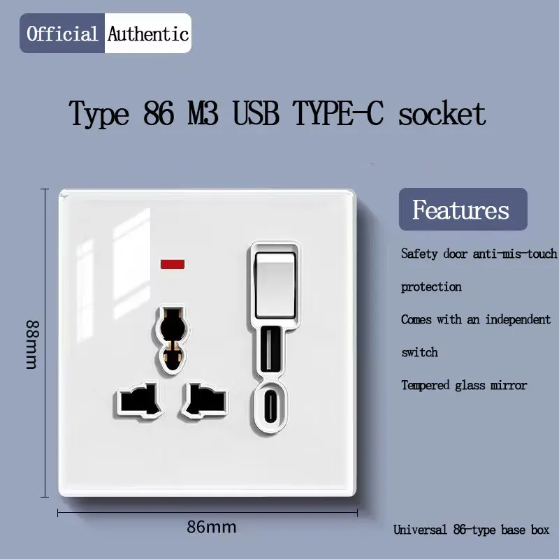 Фото Универсальная USB-розетка 86/146 с двумя портами 2А, зарядное устройство с выключателем, панель из хрустального стекла, Type-C, быстрая зарядка 20 Вт №2