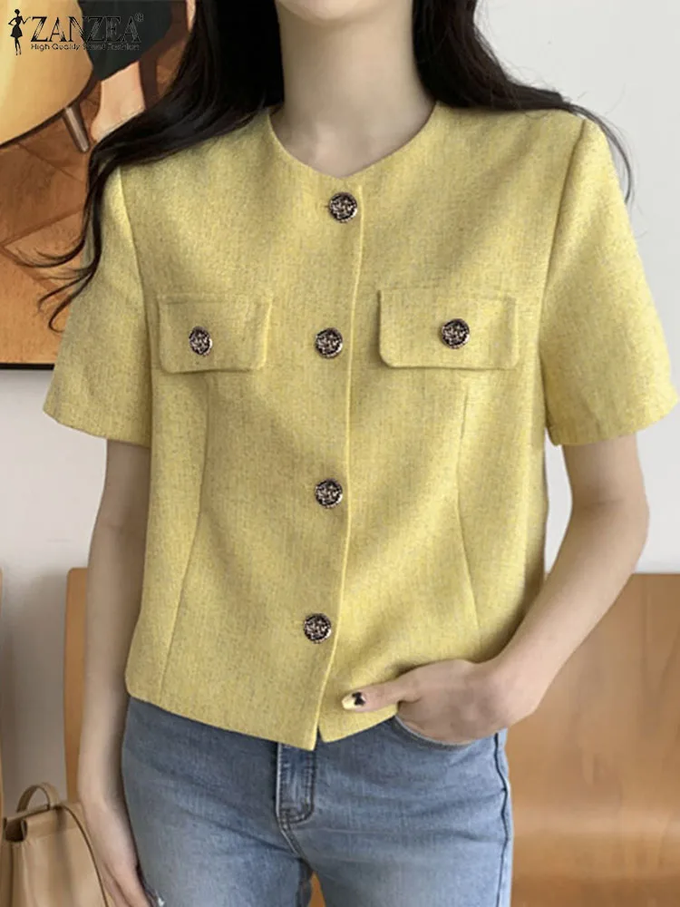 

Women Short Sleeve Buttons Blouse ZANZEA Summer Elegant Blazer Tops Fashion Korean Solid Work Shirt Casual Party Blusas Tunic