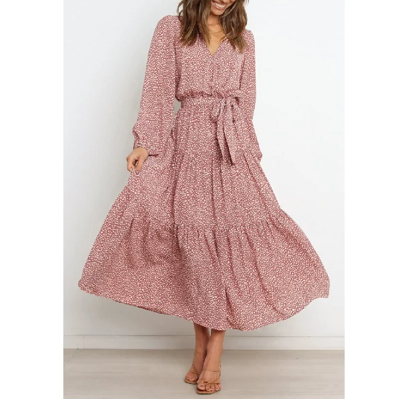 

Women Bohemian Style Dress Ladies Casual Leopard Print Long Sleeve V-Neck Dresses Female Clothing
