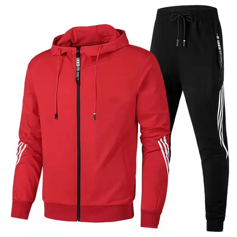 2023 Men's New Popular Running Suit Casual Fashion Suit Outdoor Sports Suit Solid Color Hooded Striped Sweater Pants Men's Suit