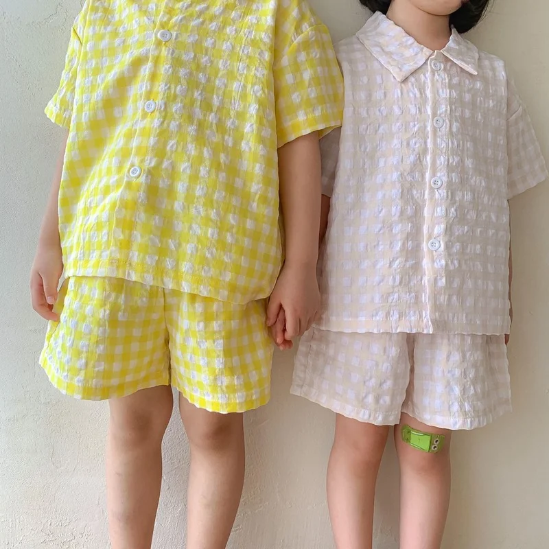 

Boys and Girls plaid printed cotton 2pcs outfits Unisex fashion short sleeve shirts and shorts 2pcs pajamas sets