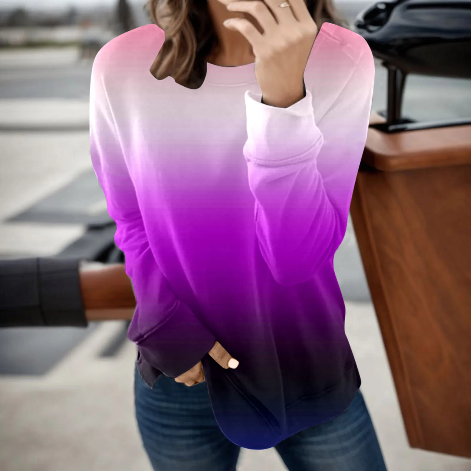 

Hoodies For Women Gradient Color-Matching Oversize Tops Long-Sleeve O-Neck Sweatshirts Autumn Spring Streetwear Clothing Tunic