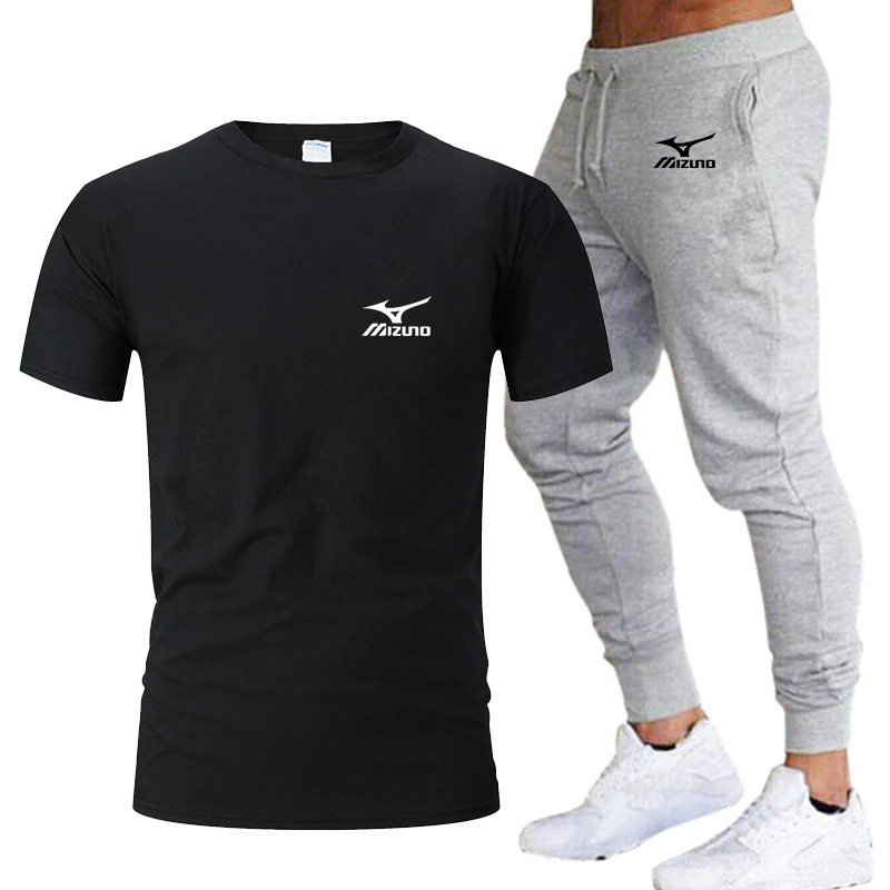 

Summer men's T-shirt set solid color printed short-sleeved casual sports pants two-piece quick dry fitness jogging sports set
