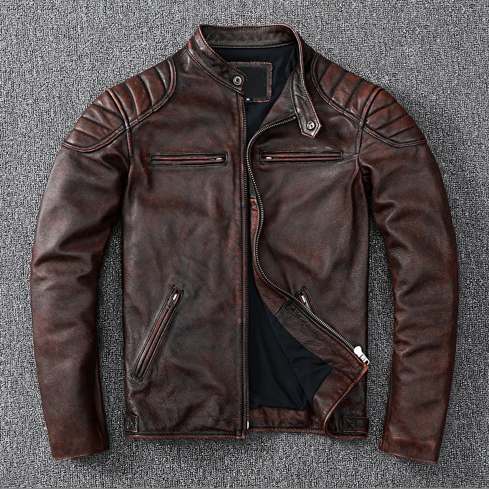 

Мужская Байкерская кожаная куртка, коричневый кожаный приталенный жакет из натуральной воловьей кожи в винтажном стиле, 2023